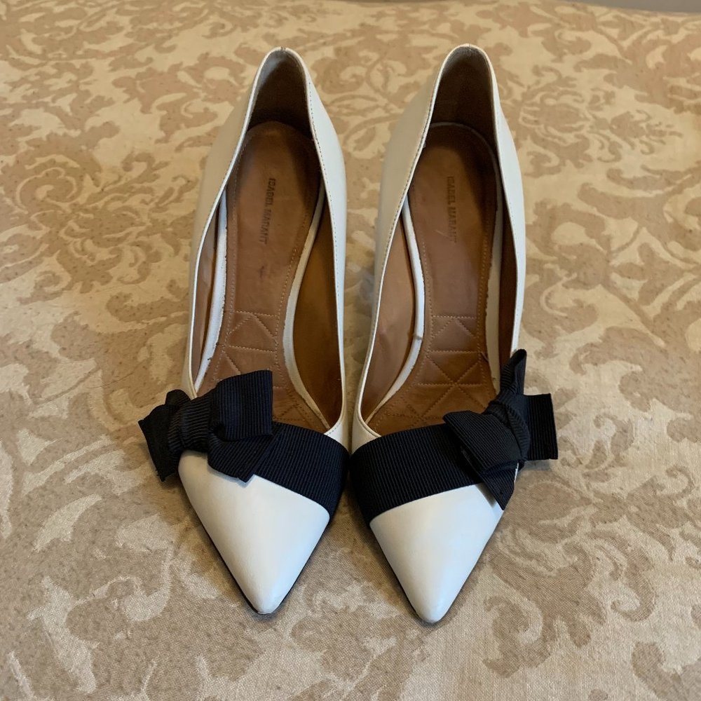 Isabel Marant white heels with black grosgrain bow